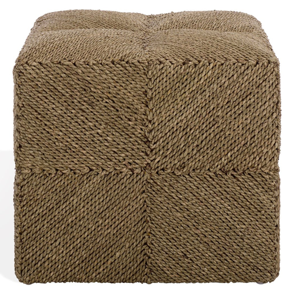 Malta Woven Seagrass Square Ottoman — Handcrafted Sustainable Wood Frame, Coastal Rustic Accent Seat