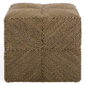 Malta Woven Seagrass Square Ottoman — Handcrafted Sustainable Wood Frame, Coastal Rustic Accent Seat