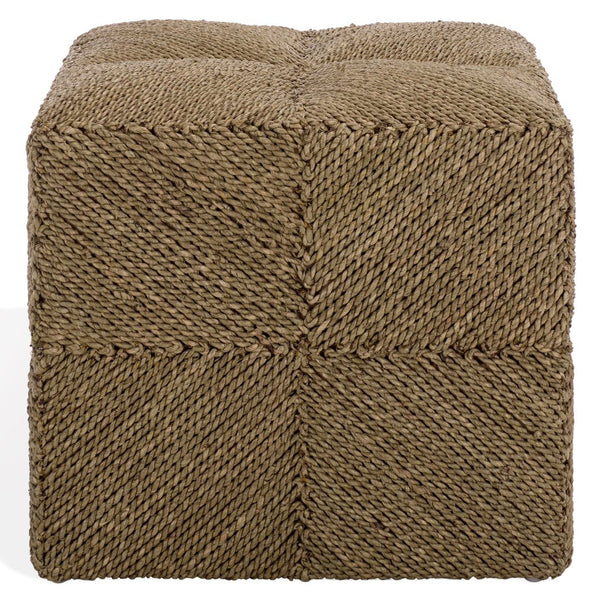 Malta Woven Seagrass Square Ottoman — Handcrafted Sustainable Wood Frame, Coastal Rustic Accent Seat