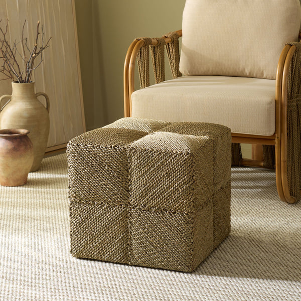 Malta Woven Seagrass Square Ottoman — Handcrafted Sustainable Wood Frame, Coastal Rustic Accent Seat