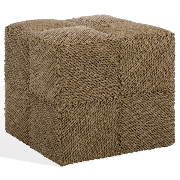 Malta Woven Seagrass Square Ottoman — Handcrafted Sustainable Wood Frame, Coastal Rustic Accent Seat