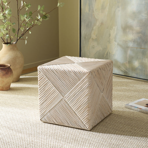 Wynrose Handwoven Split Rattan Ottoman — Coastal-Boho Accent Seat & Footrest With Wood Frame