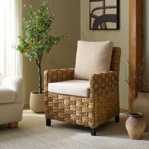 Safavieh Gregory Tall Woven Water Hyacinth Accent Chair - Elegant Natural Beige Design For Any Space Natural ,Beige Wood ,Water Hyacinth ,Fabric ,Foam Cwk2031a