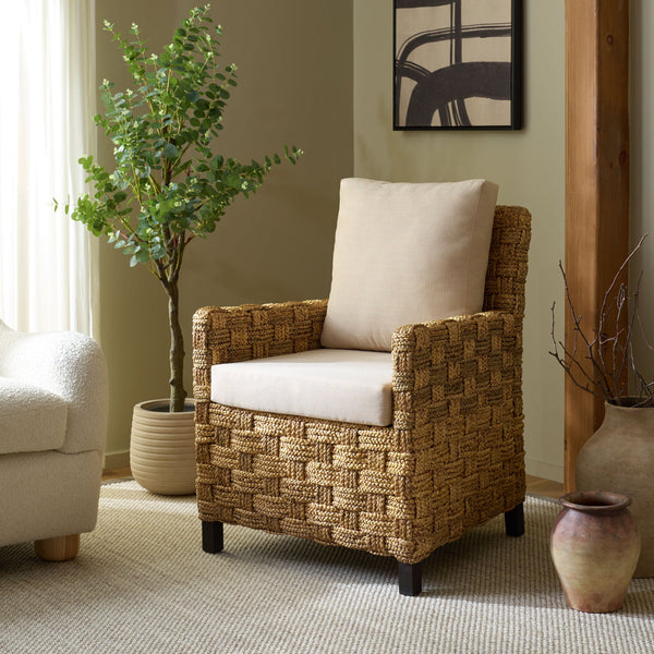 Safavieh Gregory Tall Woven Water Hyacinth Accent Chair - Elegant Natural Beige Design For Any Space Natural ,Beige Wood ,Water Hyacinth ,Fabric ,Foam Cwk2031a