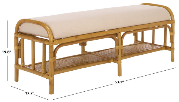 Flanders Rattan Pole Bench With Bamboo Weave Upholstered Seat — Coastal-Boho Accent For Entryway