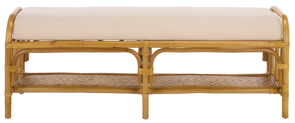 Flanders Rattan Pole Bench With Bamboo Weave Upholstered Seat — Coastal-Boho Accent For Entryway