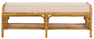 Flanders Rattan Pole Bench With Bamboo Weave Upholstered Seat — Coastal-Boho Accent For Entryway