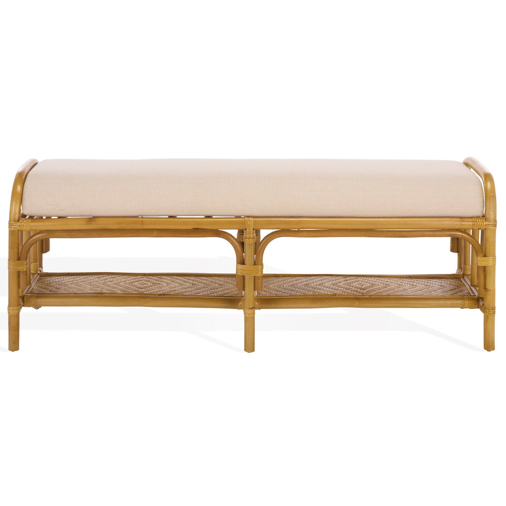 Flanders Rattan Pole Bench With Bamboo Weave Upholstered Seat — Coastal-Boho Accent For Entryway