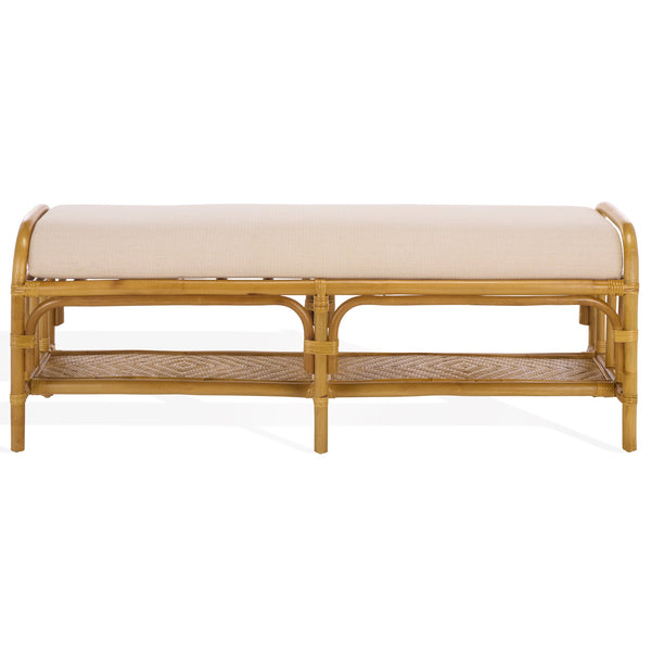 Flanders Rattan Pole Bench With Bamboo Weave Upholstered Seat — Coastal-Boho Accent For Entryway