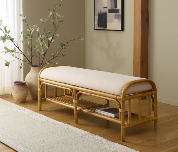 Flanders Rattan Pole Bench With Bamboo Weave Upholstered Seat — Coastal-Boho Accent For Entryway