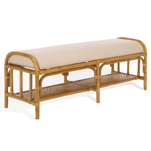 Flanders Rattan Pole Bench With Bamboo Weave Upholstered Seat — Coastal-Boho Accent For Entryway
