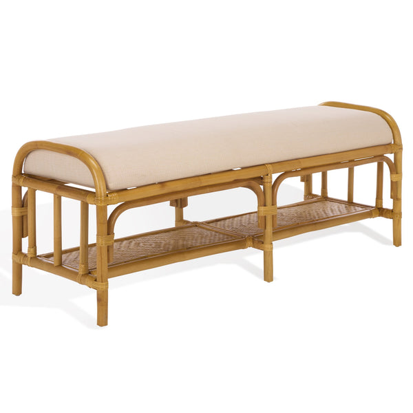 Flanders Rattan Pole Bench With Bamboo Weave Upholstered Seat — Coastal-Boho Accent For Entryway