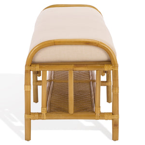 Flanders Rattan Pole Bench With Bamboo Weave Upholstered Seat — Coastal-Boho Accent For Entryway