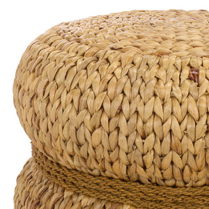 Olwynn Water Hyacinth Ottoman — Handwoven Seagrass Accent Stool With Metal Frame, Coastal Boho Flair