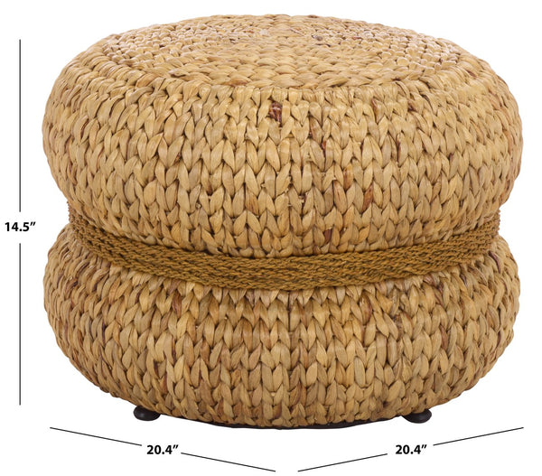 Olwynn Water Hyacinth Ottoman — Handwoven Seagrass Accent Stool With Metal Frame, Coastal Boho Flair