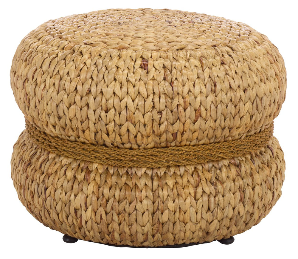 Olwynn Water Hyacinth Ottoman — Handwoven Seagrass Accent Stool With Metal Frame, Coastal Boho Flair