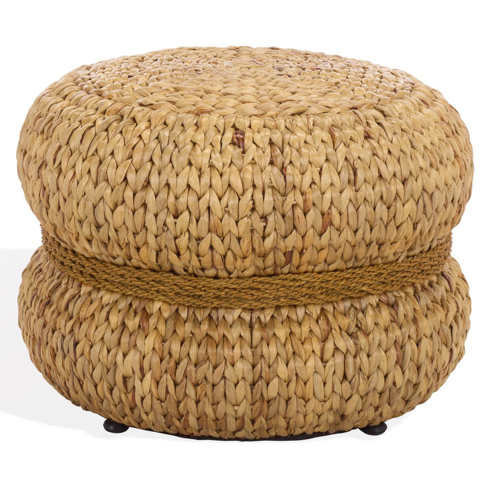 Olwynn Water Hyacinth Ottoman — Handwoven Seagrass Accent Stool With Metal Frame, Coastal Boho Flair