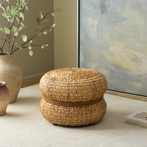 Olwynn Water Hyacinth Ottoman — Handwoven Seagrass Accent Stool With Metal Frame, Coastal Boho Flair