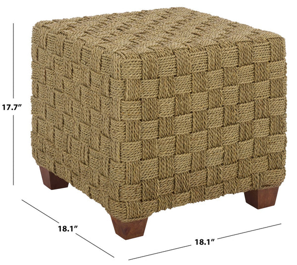 Norabelle Woven Seagrass Square Ottoman With Solid Wood Frame—Coastal Boho Accent Seat & Footrest