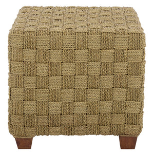 Norabelle Woven Seagrass Square Ottoman With Solid Wood Frame—Coastal Boho Accent Seat & Footrest
