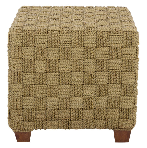 Norabelle Woven Seagrass Square Ottoman With Solid Wood Frame—Coastal Boho Accent Seat & Footrest
