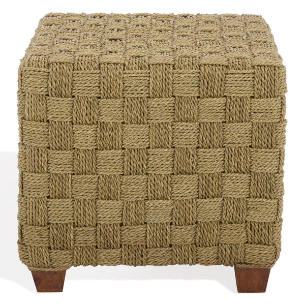 Norabelle Woven Seagrass Square Ottoman With Solid Wood Frame—Coastal Boho Accent Seat & Footrest