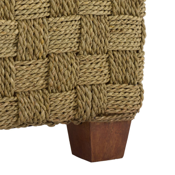 Norabelle Woven Seagrass Square Ottoman With Solid Wood Frame—Coastal Boho Accent Seat & Footrest