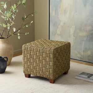 Norabelle Woven Seagrass Square Ottoman With Solid Wood Frame—Coastal Boho Accent Seat & Footrest