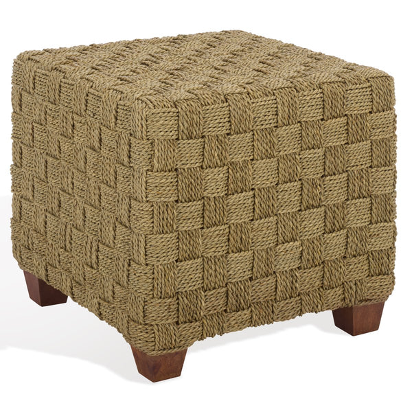 Norabelle Woven Seagrass Square Ottoman With Solid Wood Frame—Coastal Boho Accent Seat & Footrest