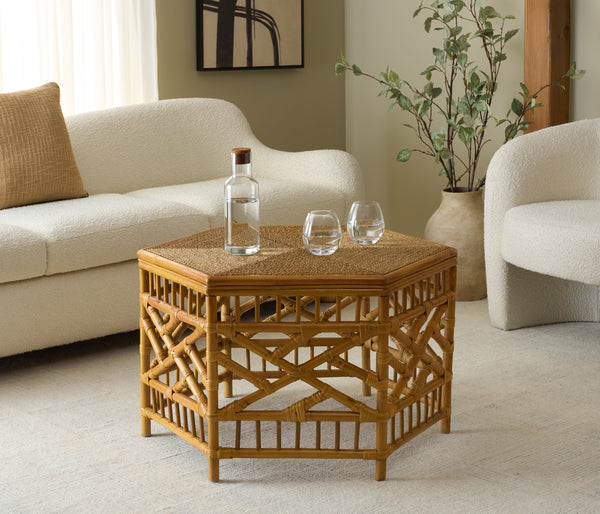 Frederica Rattan Pole And Seagrass Coffee Table — Handwoven Coastal-Boho Centerpiece, 33.8" Square, Lightweight Durable