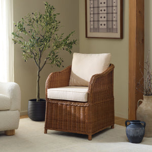 Nikolina Rattan Accent Chair With Supportive Foam Cushion — Lightweight, Textured Coastal Boho Seating