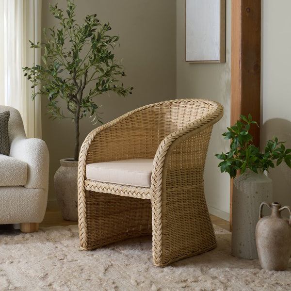 Safavieh Macintosh Woven Rattan Accent Chair Bohemian Coastal Airy Frame with Foam Cushion CWK2043A