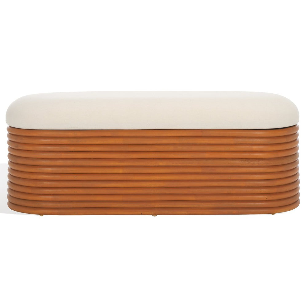 Safavieh BAYARD Rattan Storage Bench – Natural & White Linen Cushion for Stylish Seating & Hidden Storage CWK3006A