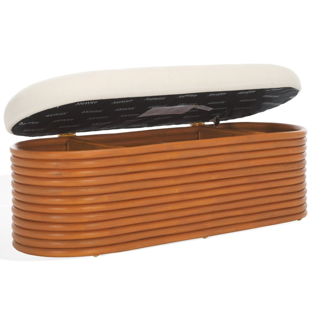 Safavieh BAYARD Rattan Storage Bench – Natural & White Linen Cushion for Stylish Seating & Hidden Storage CWK3006A