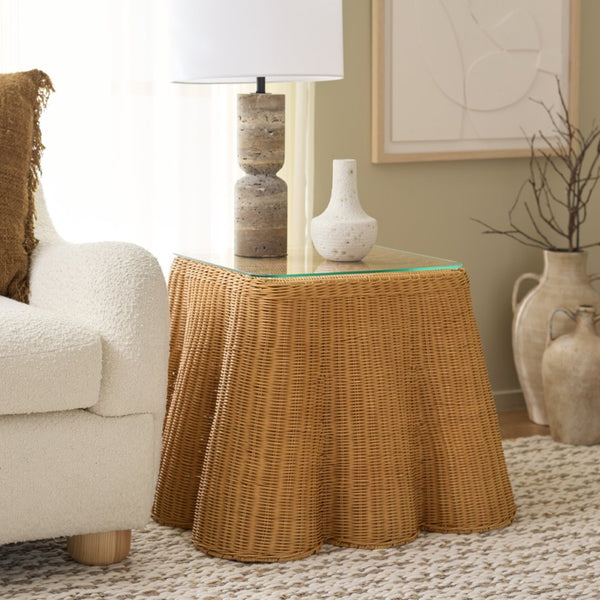 Safavieh HYLDA Square Rattan Accent Table - Versatile Natural Design with Tempered Glass Top for Modern Spaces CWK3010A