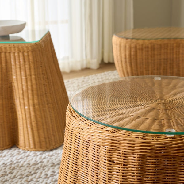 Safavieh HYLDA Square Rattan Accent Table - Versatile Natural Design with Tempered Glass Top for Modern Spaces CWK3010A