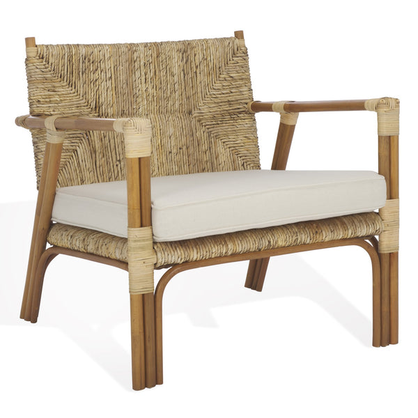 Safavieh Elexa Banana Weaving Accent Chair - Natural & White | Chic Comfort For Stylish Home Décor Spaces Natural ,White Rattan 3,4 Pole ,Fabric ,Foam ,Plywood ,Banana Weaving Cwk3016a