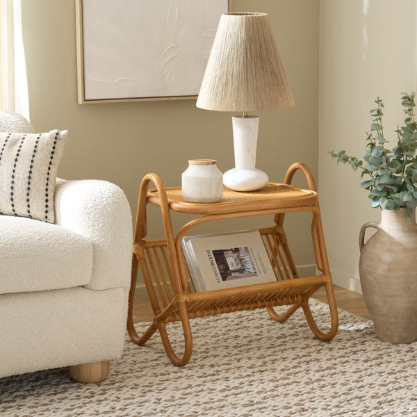 Safavieh BAYARD Rattan Accent Table with Integrated Magazine Holder - Hand-Woven Natural Design for Cozy Spaces CWK3017A