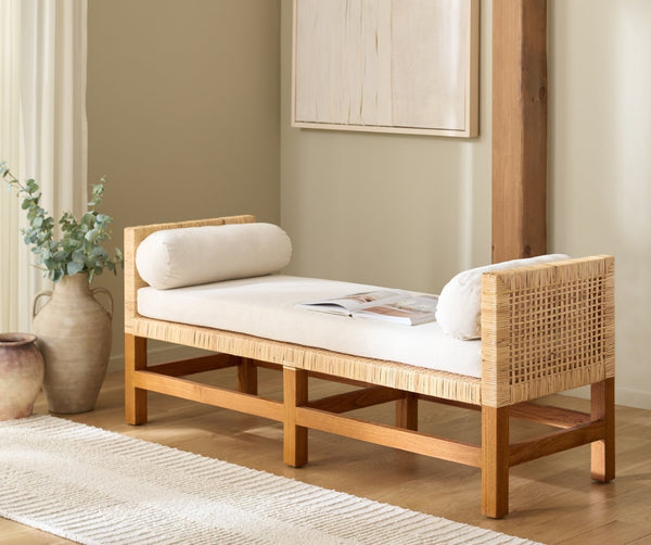Safavieh CRYSLENE Teakwood Bench - Natural Wood with White Accents for Modern Entryway & Bedroom Seating CWK3018A