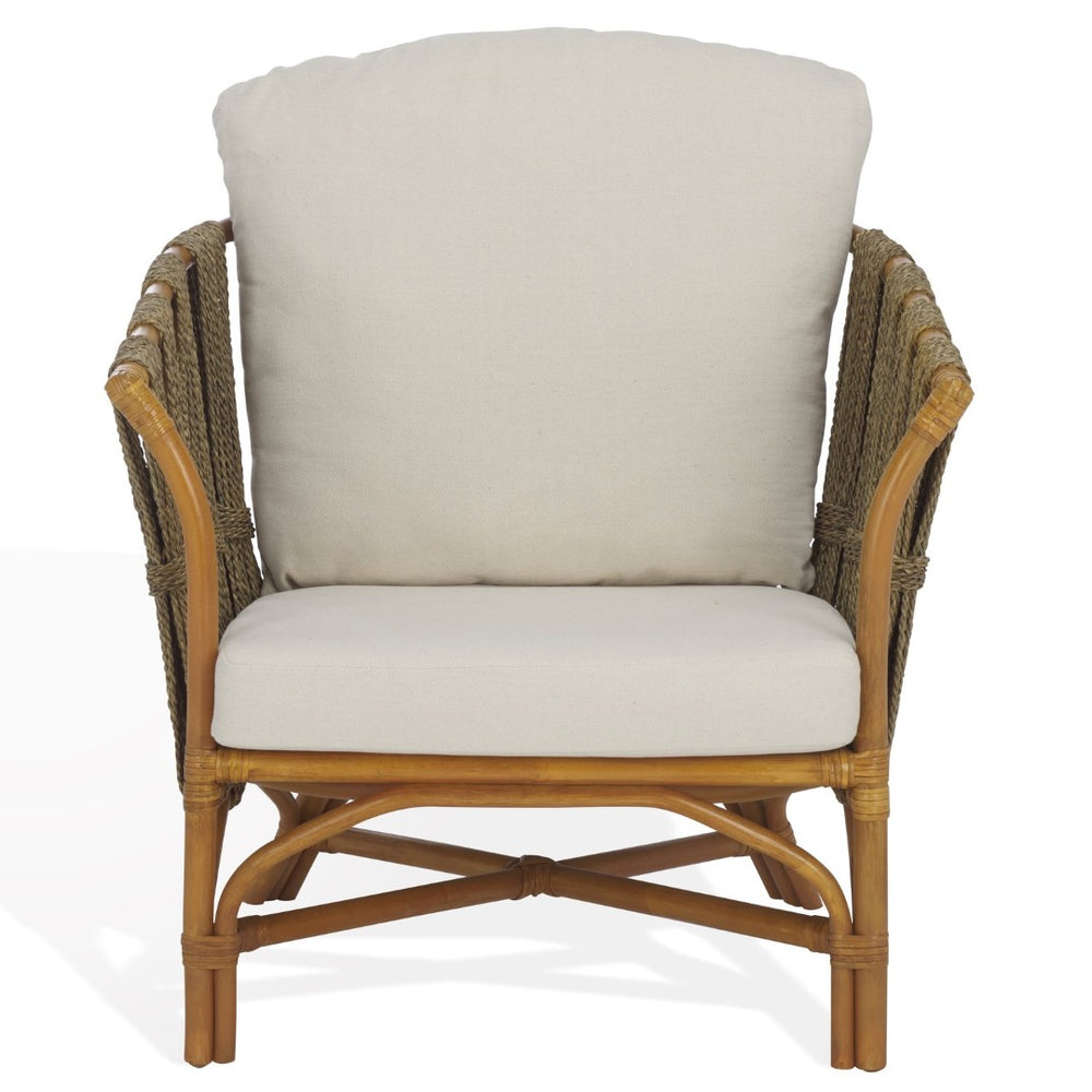 Safavieh DONATELLO Rattan Pole Accent Chair – Natural & White, Stylish Comfort for Living Rooms & Sunrooms CWK3019A