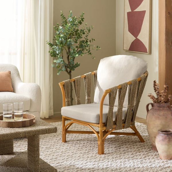 Safavieh DONATELLO Rattan Pole Accent Chair – Natural & White, Stylish Comfort for Living Rooms & Sunrooms CWK3019A