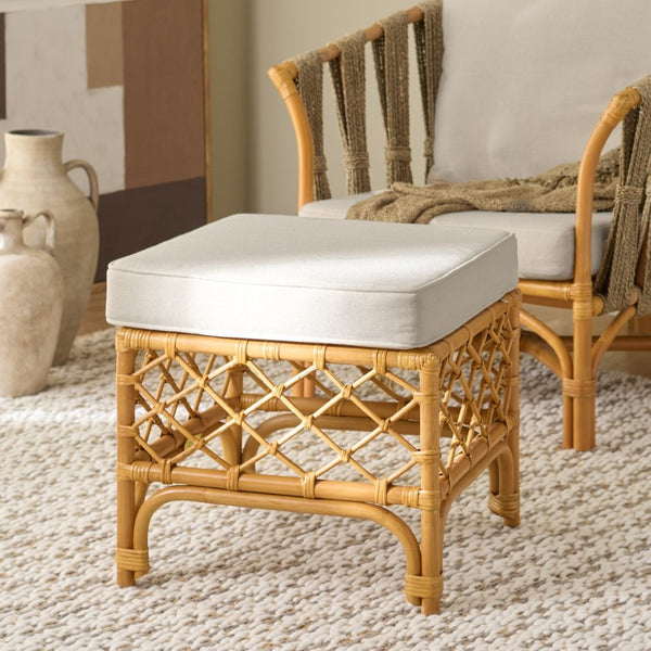 Safavieh CHERILYNN Rattan Pole Ottoman - Coastal Charm White Accent Piece for Living Room & Bedroom Decor CWK3020A
