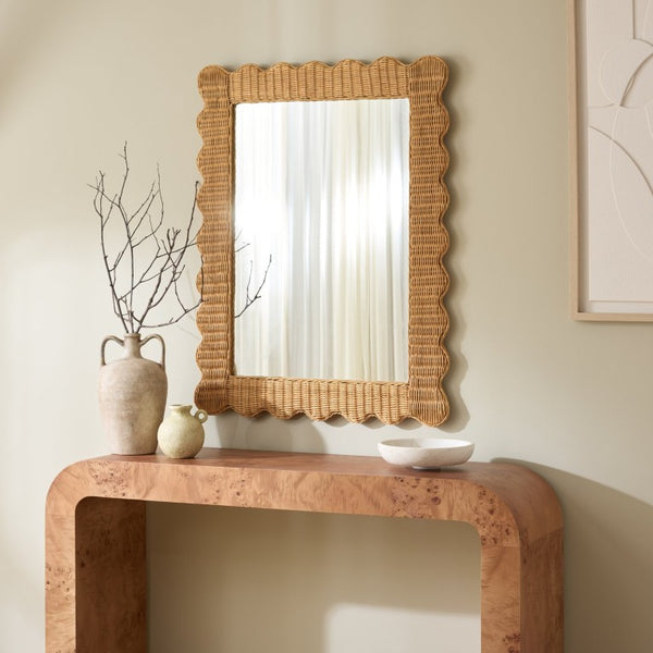 Safavieh Glendetta Woven Rattan Rectangular Wall Mirror Bohemian Natural Frame Bedroom Entryway CWK3022A