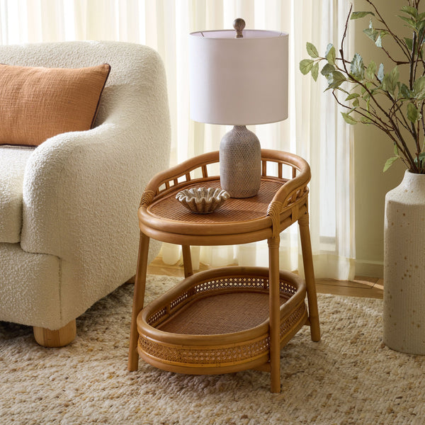Shayleen Rattan Pole 2 Shelf Accent Table — Compact Boho Side Table With Wood Shelves For Small Spaces