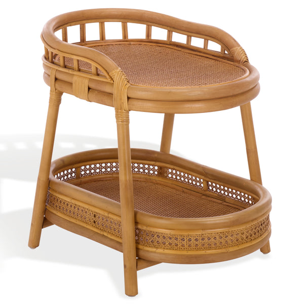 Shayleen Rattan Pole 2 Shelf Accent Table — Compact Boho Side Table With Wood Shelves For Small Spaces