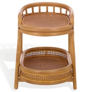Shayleen Rattan Pole 2 Shelf Accent Table — Compact Boho Side Table With Wood Shelves For Small Spaces