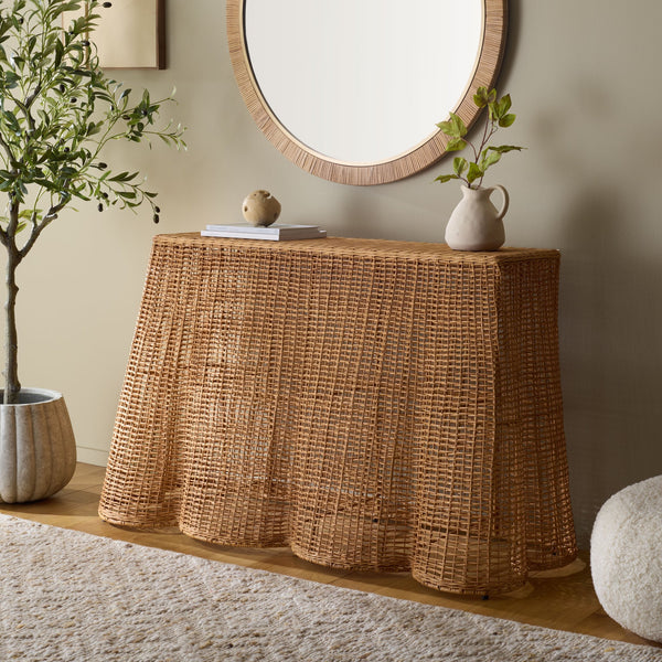 Jilliette Rattan Console Table — Handcrafted Wood & Metal Frame, Fitrit Accents, Coastal Chic Appeal