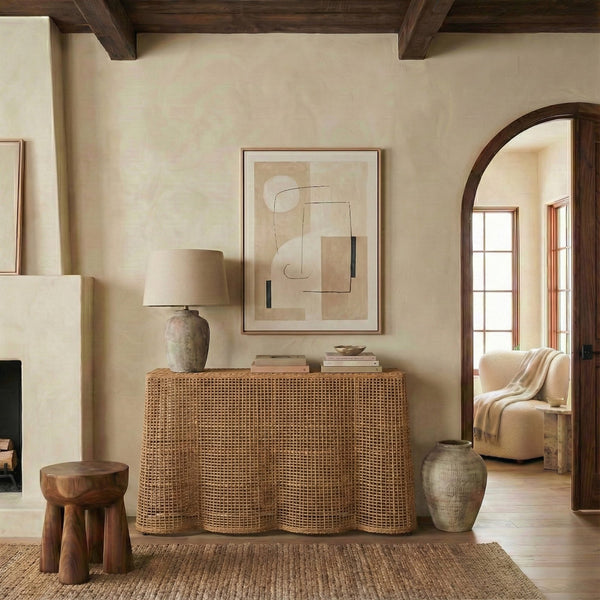 Jilliette Rattan Console Table — Handcrafted Wood & Metal Frame, Fitrit Accents, Coastal Chic Appeal