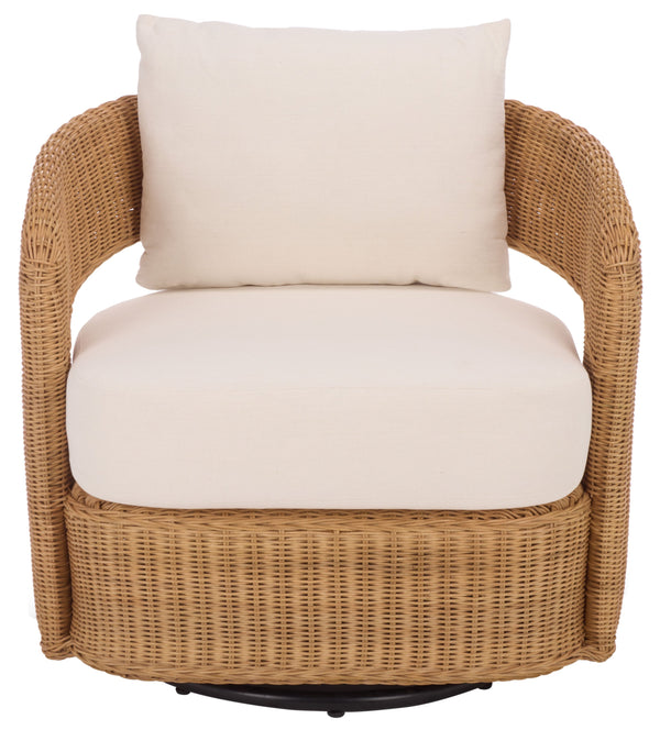Leanna Rattan Swivel Chair With Handwoven Rattan, Powder‑Coated Metal Frame And Plush Cushion For Cozy Accent Seating