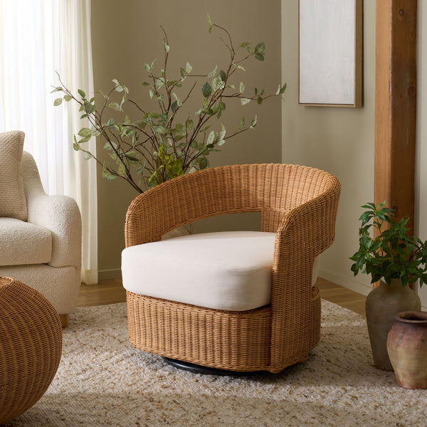 Leanna Rattan Swivel Chair With Handwoven Rattan, Powder‑Coated Metal Frame And Plush Cushion For Cozy Accent Seating